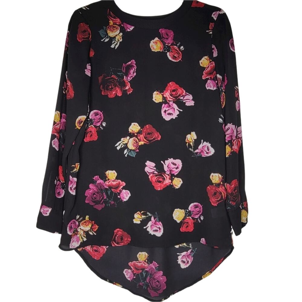Thakoon Floral Rose Print Ribbed Crew Neck Semi Sheer Long Sleeve Top, Small